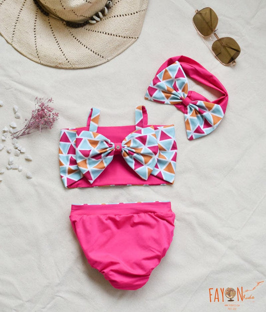 Triangle Print and Pink Lycra Swim Wear for Girls