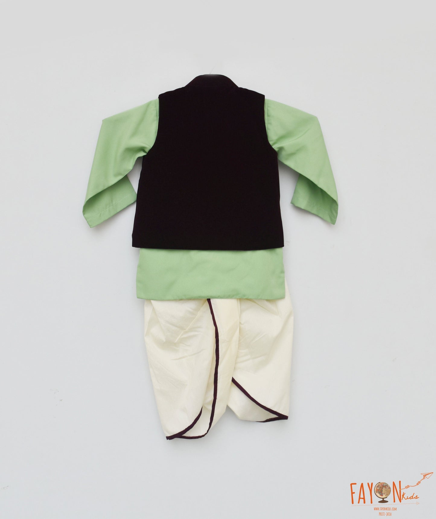 Velvet Nehru Jacket with Green Kurta Off-white Dhoti Sset for Boys