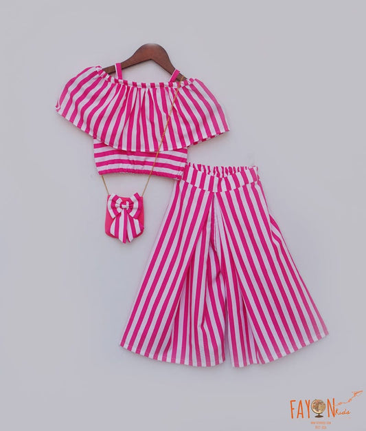 White and Pink Striped Crop Top with Palazzo Pants for Girls