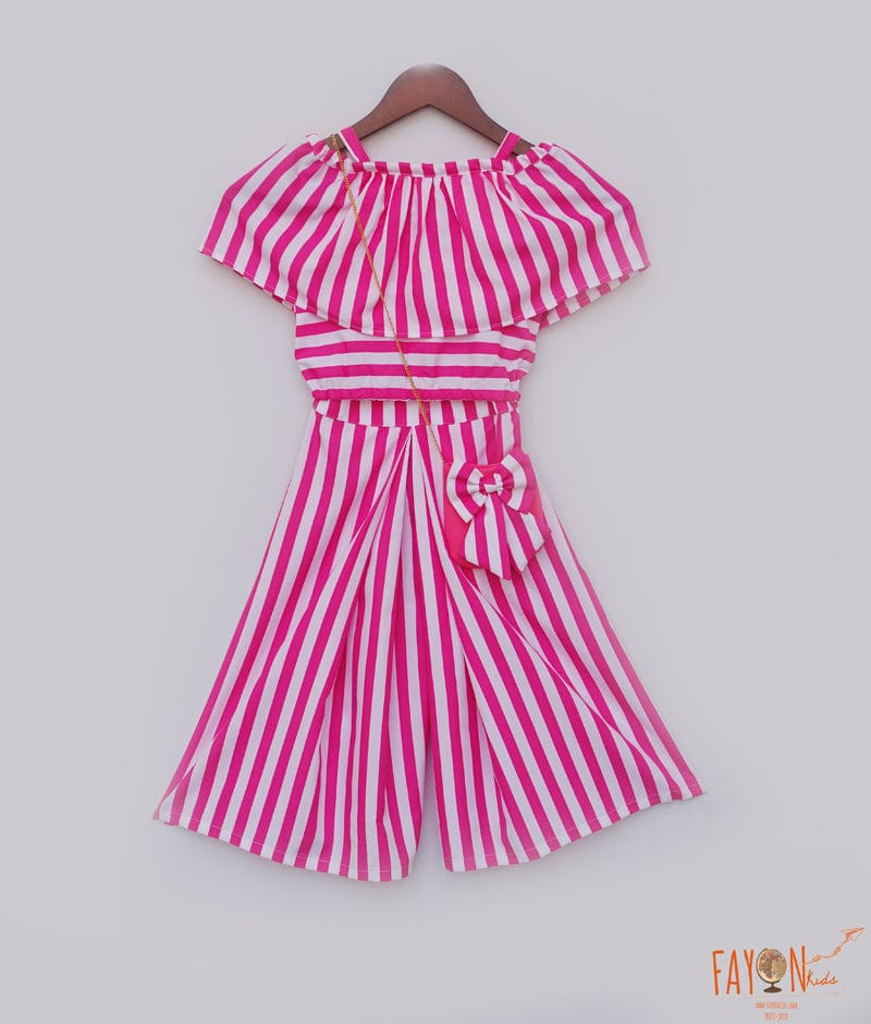 White and Pink Striped Crop Top with Palazzo Pants for Girls