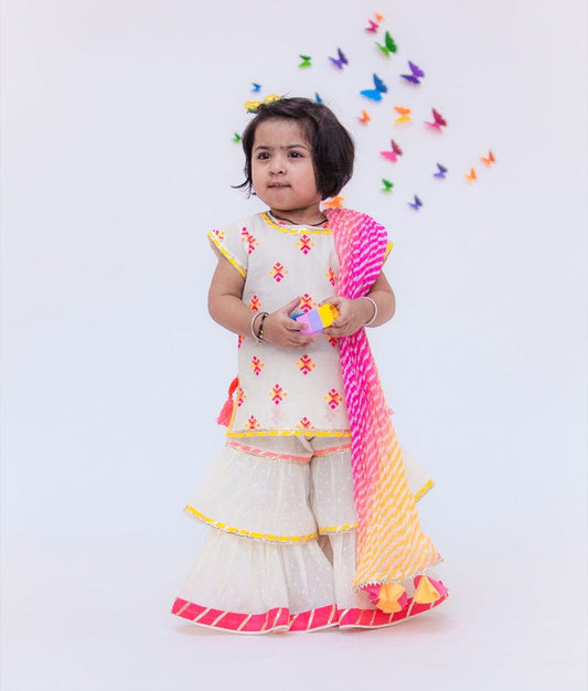 White Cotton Multi Color Booti Sharara with Kurti Leheriya Dupatta for Girls