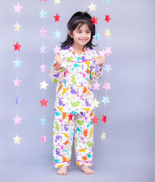 White Dino Printed Shirt with Pajama for Girls