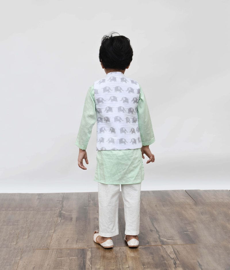 White Elephant Print Nehru Jacket with Green Kurta Off White Pant for Boys