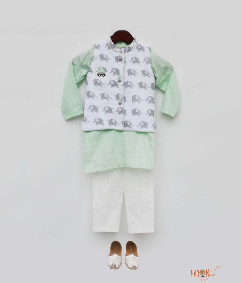White Elephant Print Nehru Jacket with Green Kurta Off White Pant for Boys