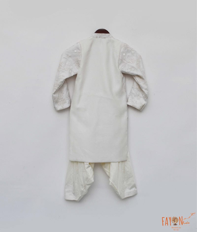 White Embroidery Sherwani with Salwar for Boys