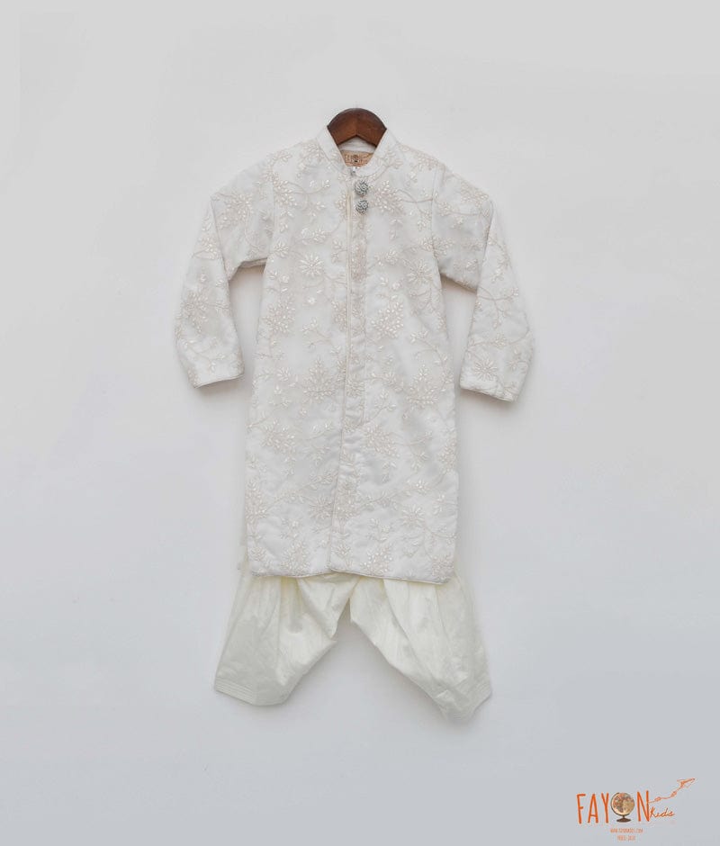 White Embroidery Sherwani with Salwar for Boys