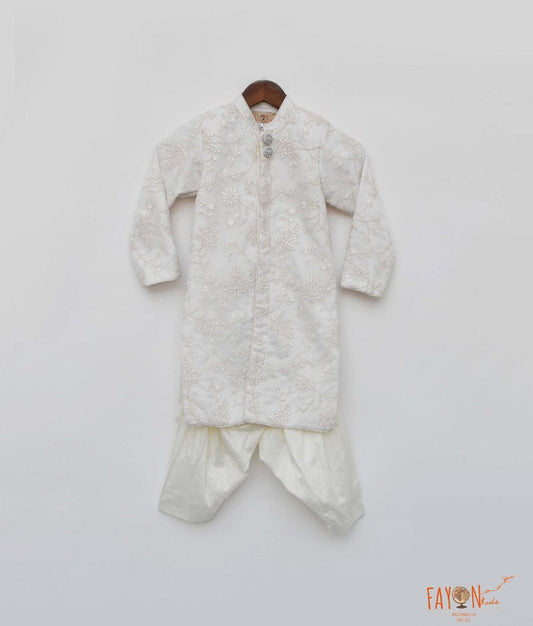 White Embroidery Sherwani with Salwar for Boys