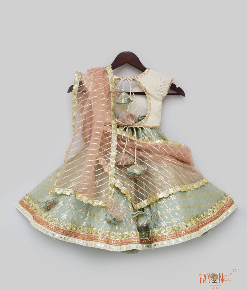 White Embroidery Light Blue Brocade Lehenga with Choli Net Dupatta for Girls