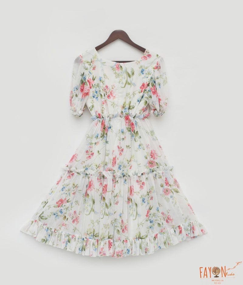 White Floral Print Dress for Girls