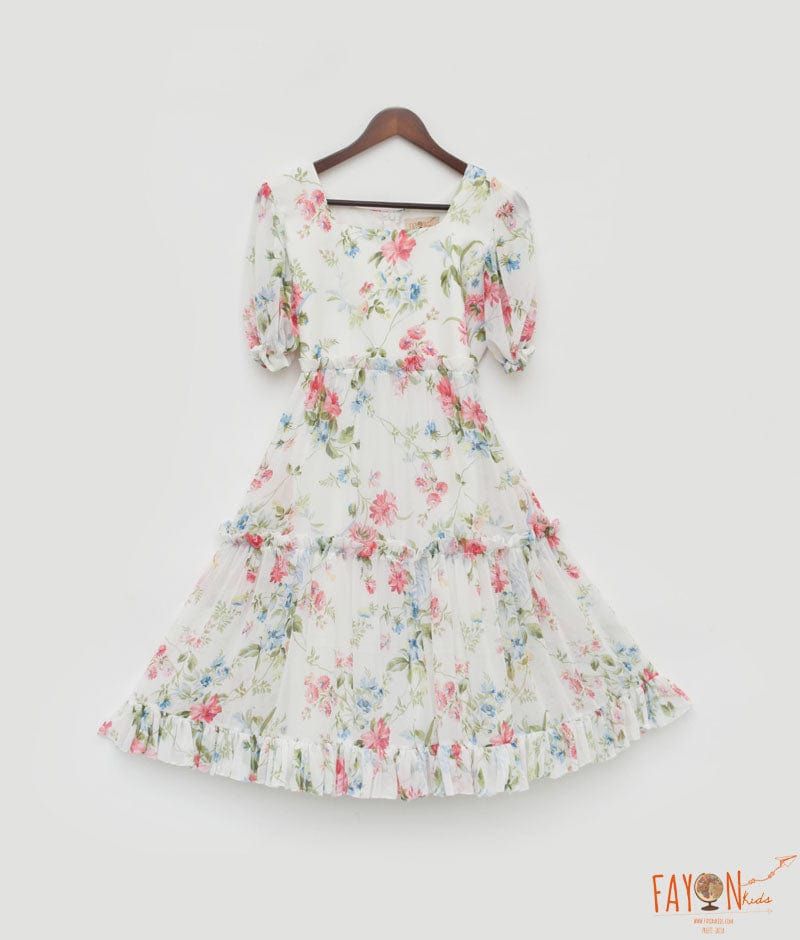 White Floral Print Dress for Girls