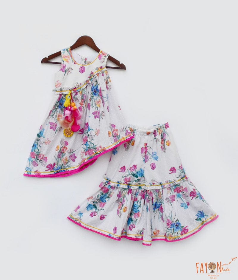 White Floral Print Kurti Sharara