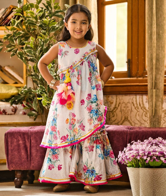 White Floral Print Kurti Sharara