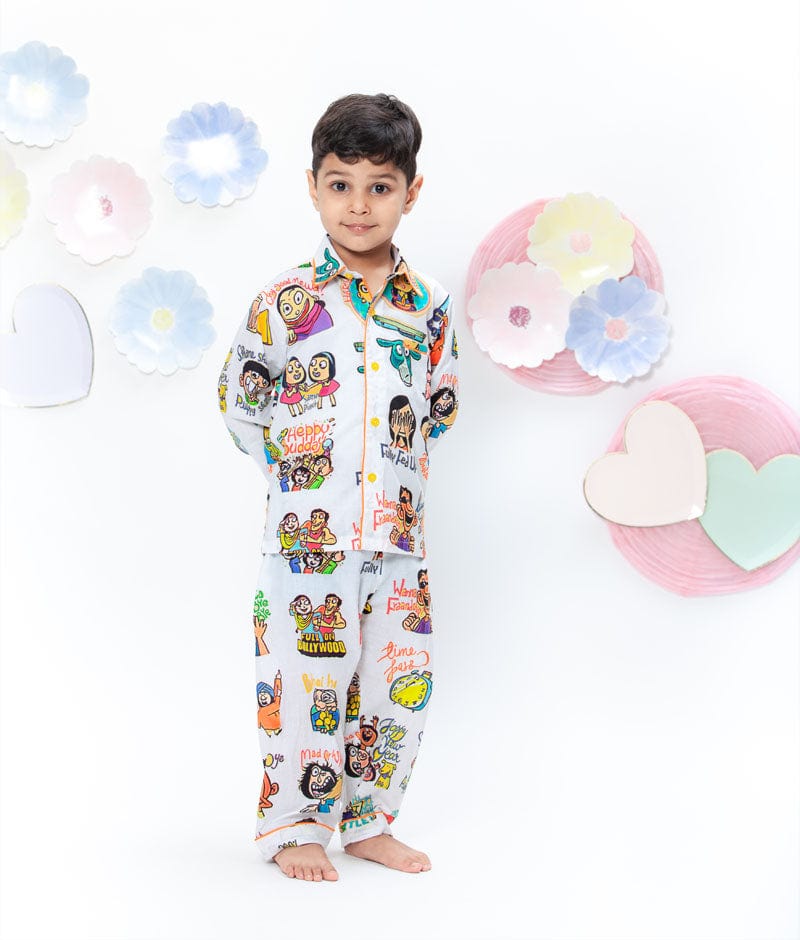 White Funky Print Shirt with Pajama for Boys