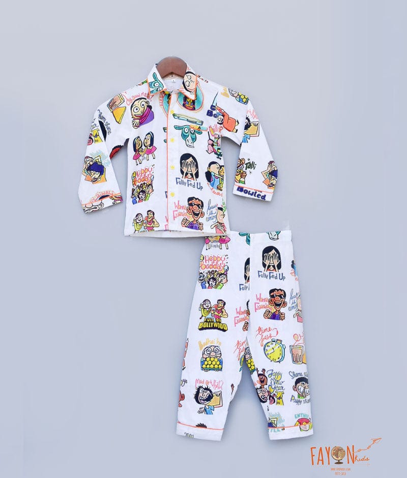 Fayon Kids White Funky Print Shirt with Pajama for Boys