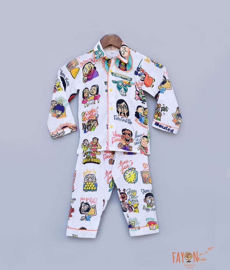 White Funky Print Shirt with Pajama for Boys