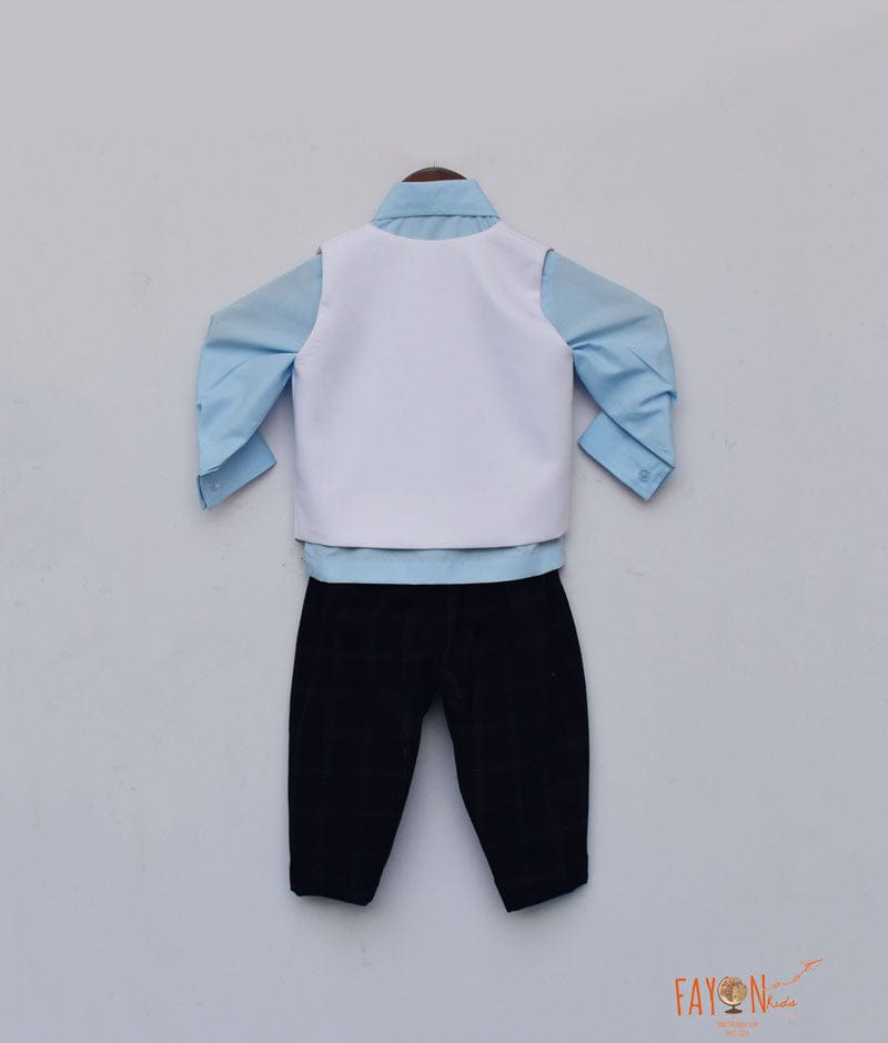 White Horse Print Waist Coat with Blue Shirt Black Checkered Pants for Boys