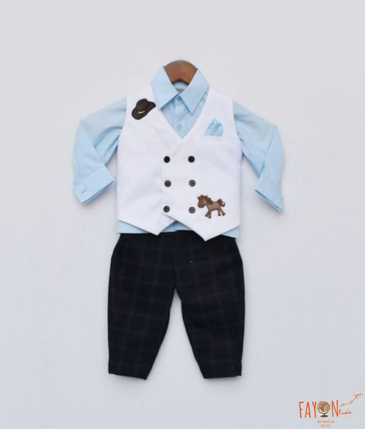 White Horse Print Waist Coat with Blue Shirt Black Checkered Pants for Boys