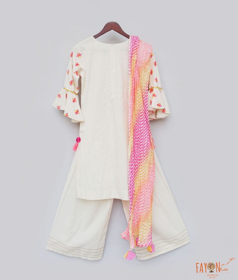 White Multi Color Booti Off White Cora Sharara with Kurti Leheriya Dupatta for Girls