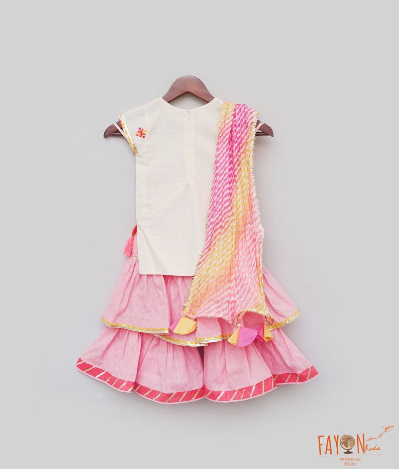 Fayon Kids White Multi Color Booti Pink Cotton Sharara with Kurti Lehriya Dupatta for Girls