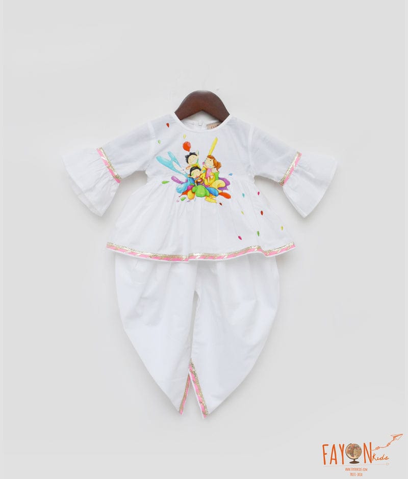 White Peplum Kurti with Dhoti for Girls