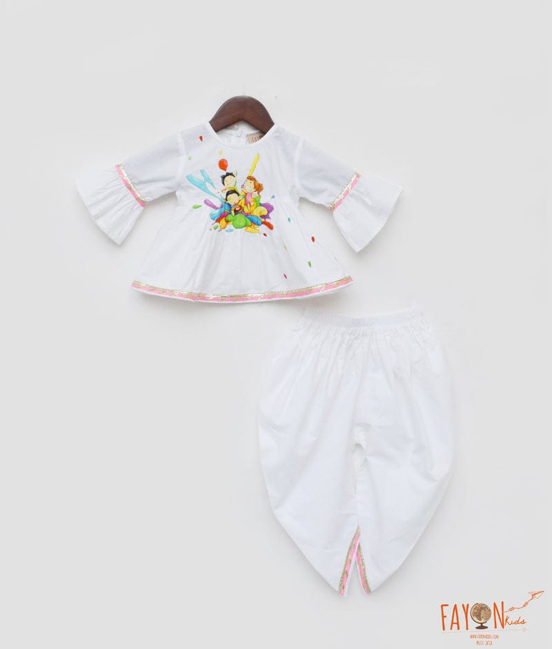 White Peplum Kurti with Dhoti for Girls