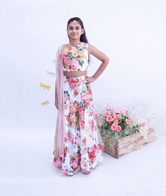 White Printed Lehenga with Choli Shimmer Net Dupatta for Girls