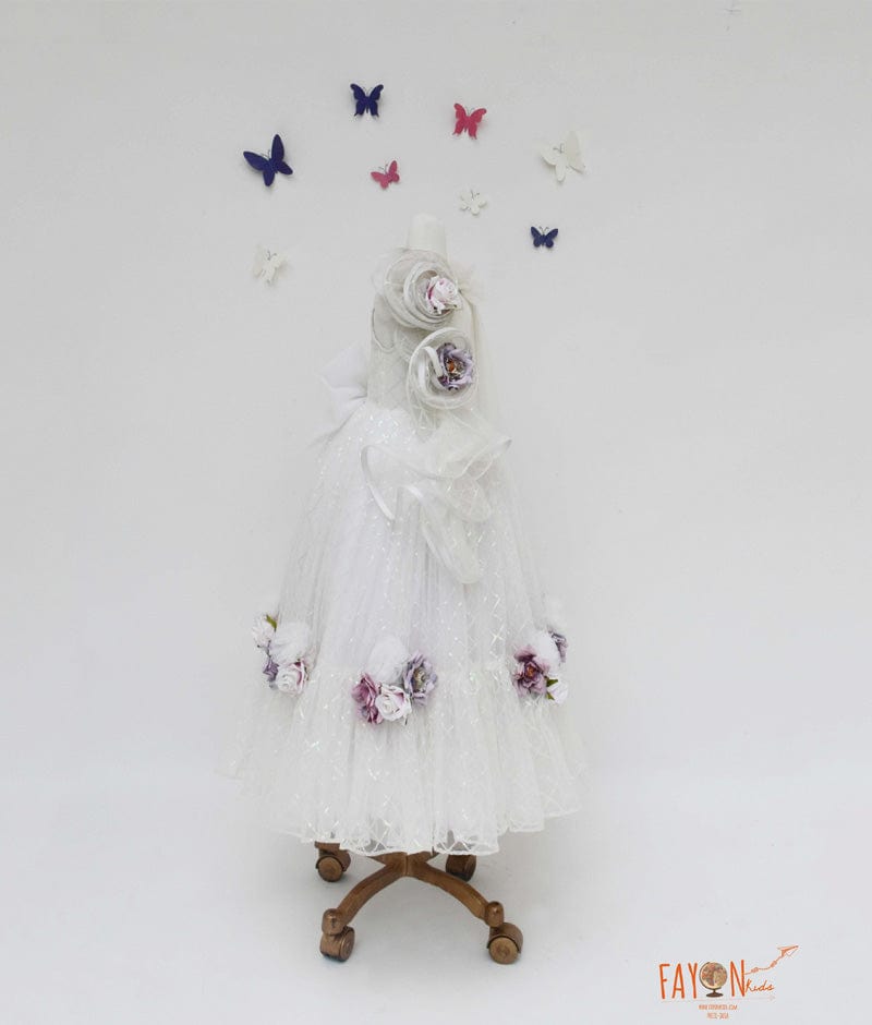 White Sequins Net Gown for Girls
