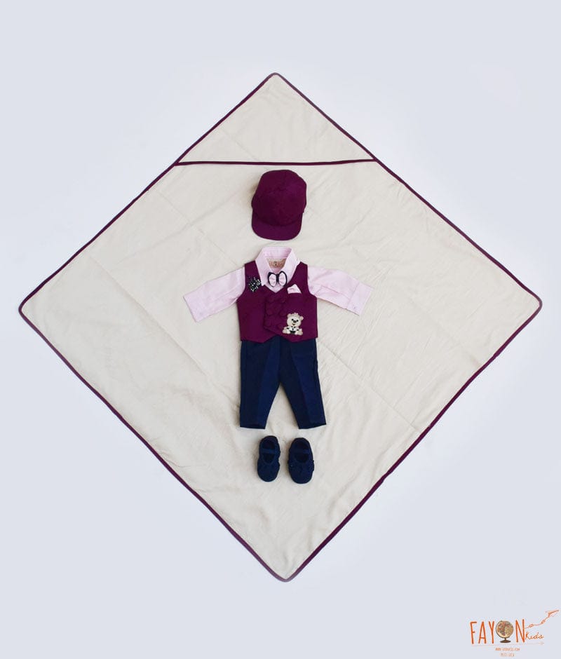 Wine Burgundy Waist Coat and Off white Shirt Pant for Boys