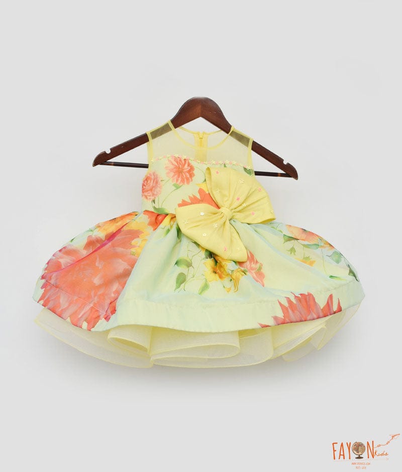 Yellow and Blue Organza Print Dress for Girls