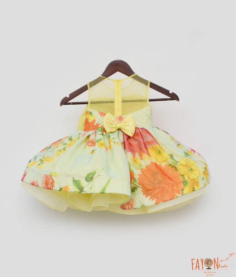 Yellow and Blue Organza Print Dress for Girls