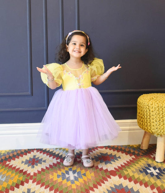 Yellow and Lilac Net Frock for Girls