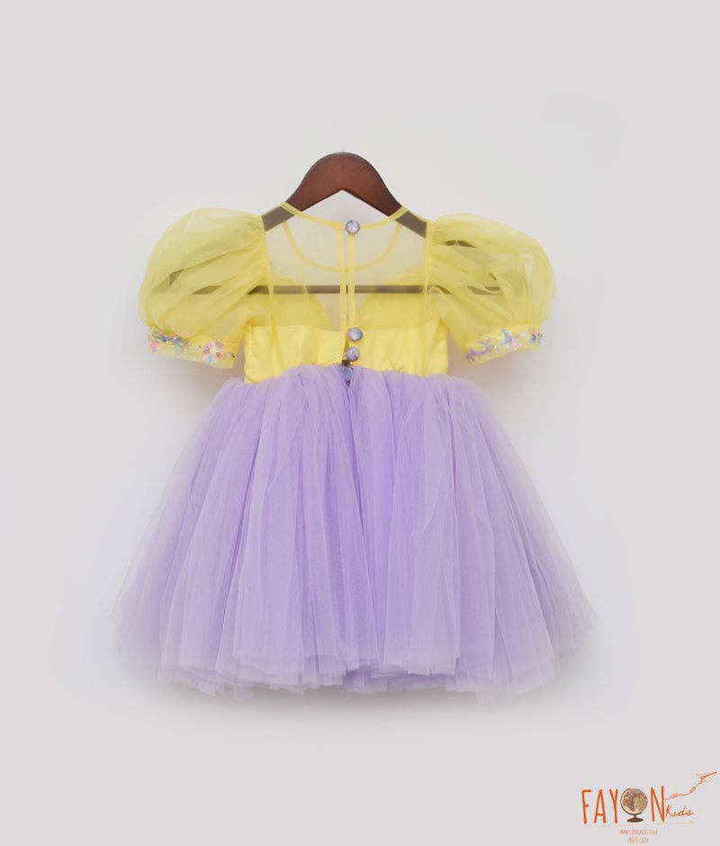 Yellow and Lilac Net Frock for Girls