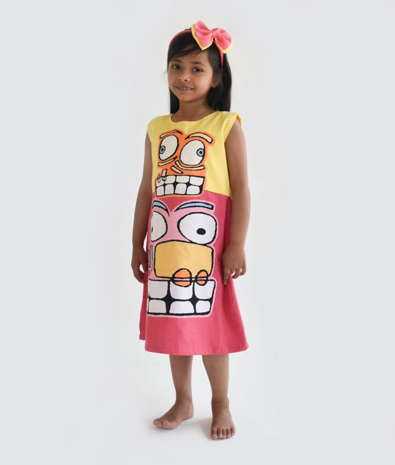 Yellow and Pink Linen Dress for Girls