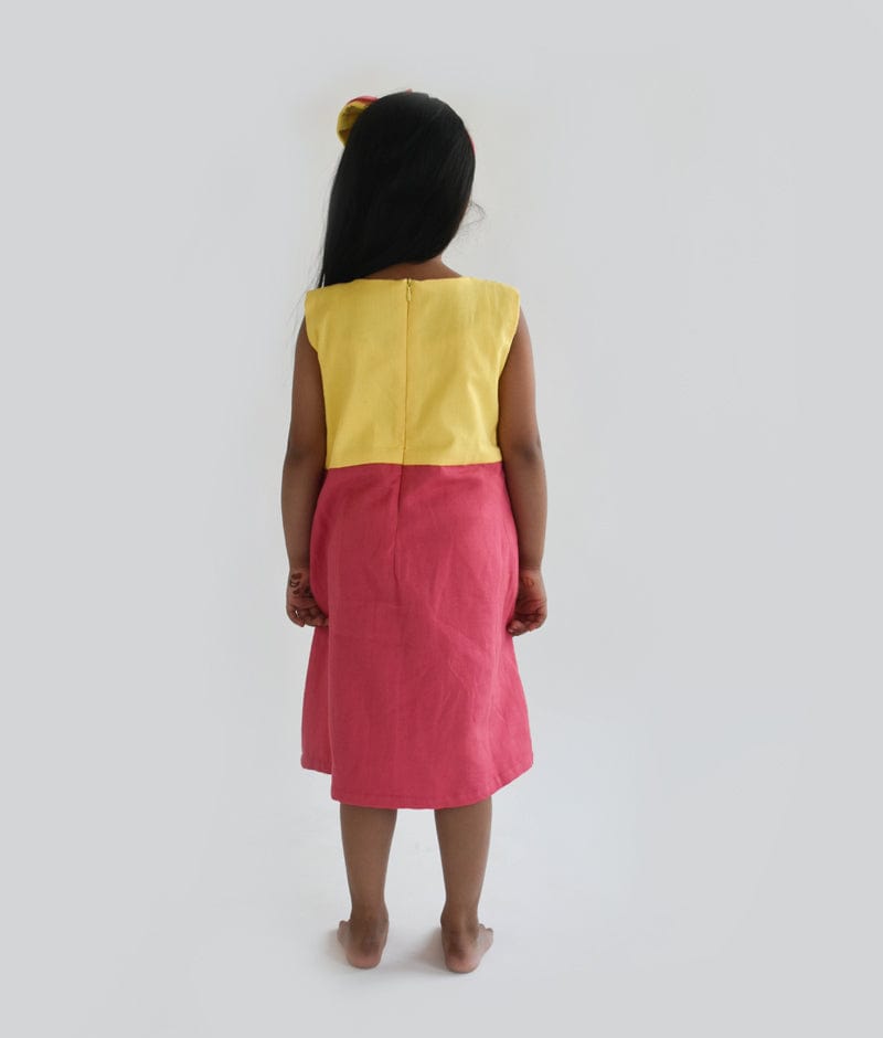 Yellow and Pink Linen Dress for Girls