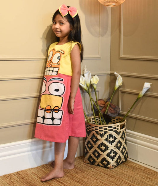 Yellow and Pink Linen Dress for Girls
