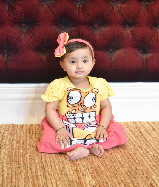 Yellow and Pink Linen Frock for Girls