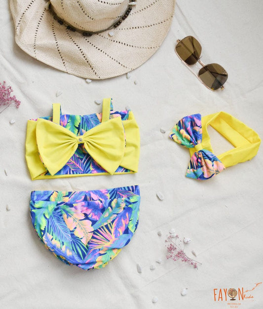 Yellow Blue Printed Swim wear for Girls