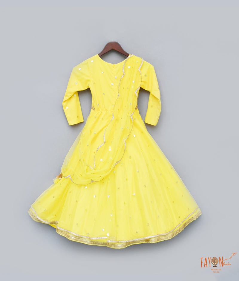 Yellow Boti Net Anarkali with Boti Net Dupatta for Girls