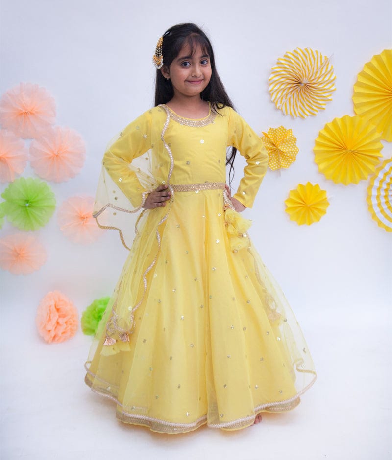 Yellow Boti Net Anarkali with Boti Net Dupatta for Girls