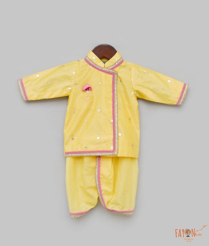 Yellow Chanderi Foil Printed Angrakha with Dhoti for Boys