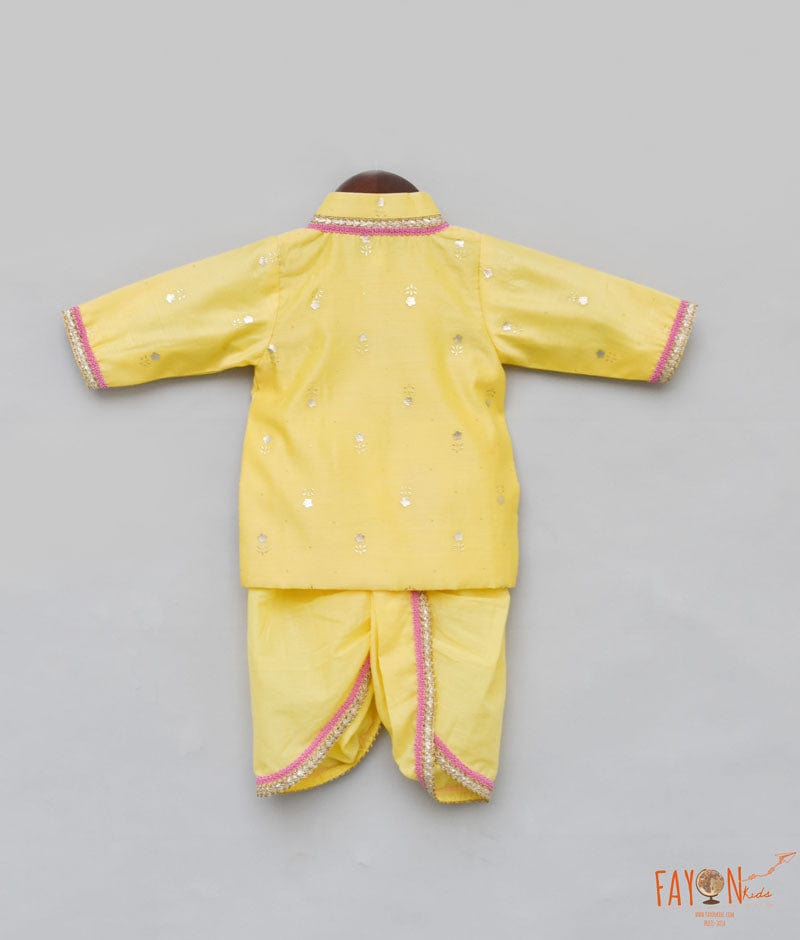 Yellow Chanderi Foil Printed Angrakha with Dhoti for Boys