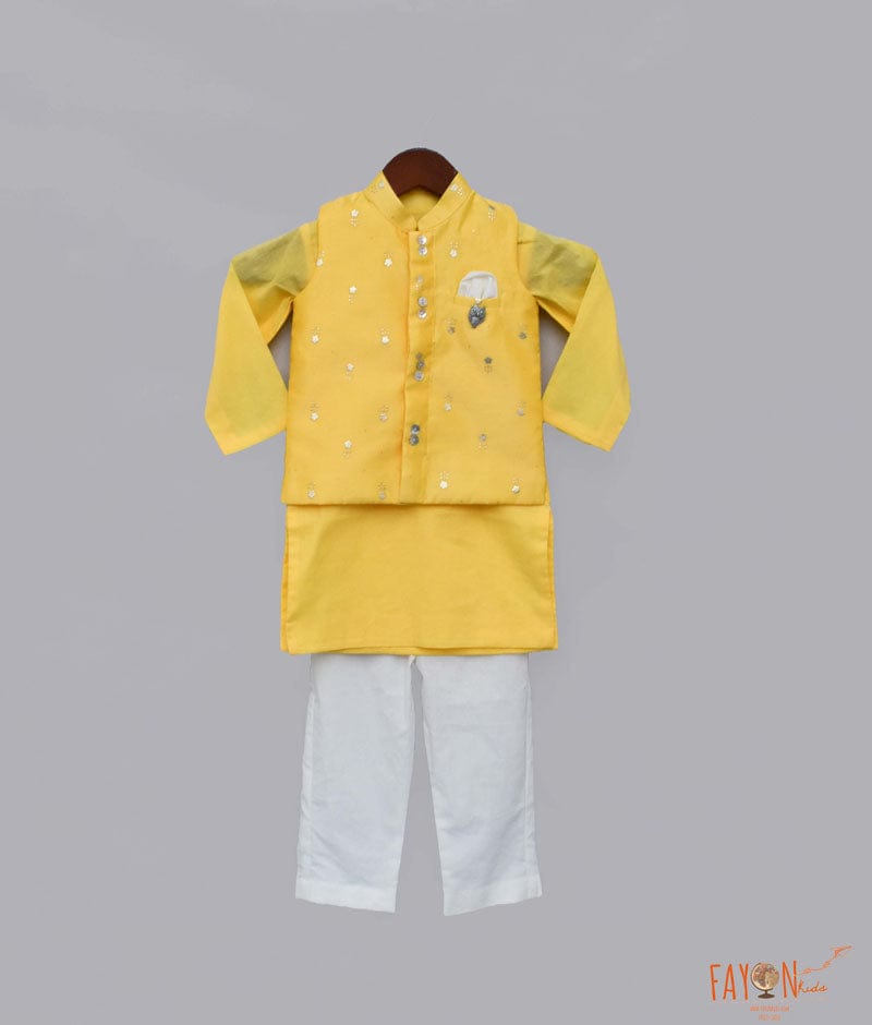 Yellow Chanderi Nehru Jacket with Kurta Pant for Boys