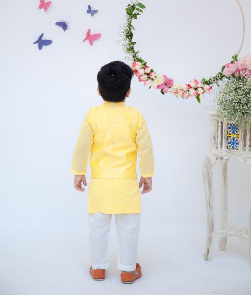 Fayon Kids Yellow Chanderi Nehru Jacket with Kurta Pant for Boys