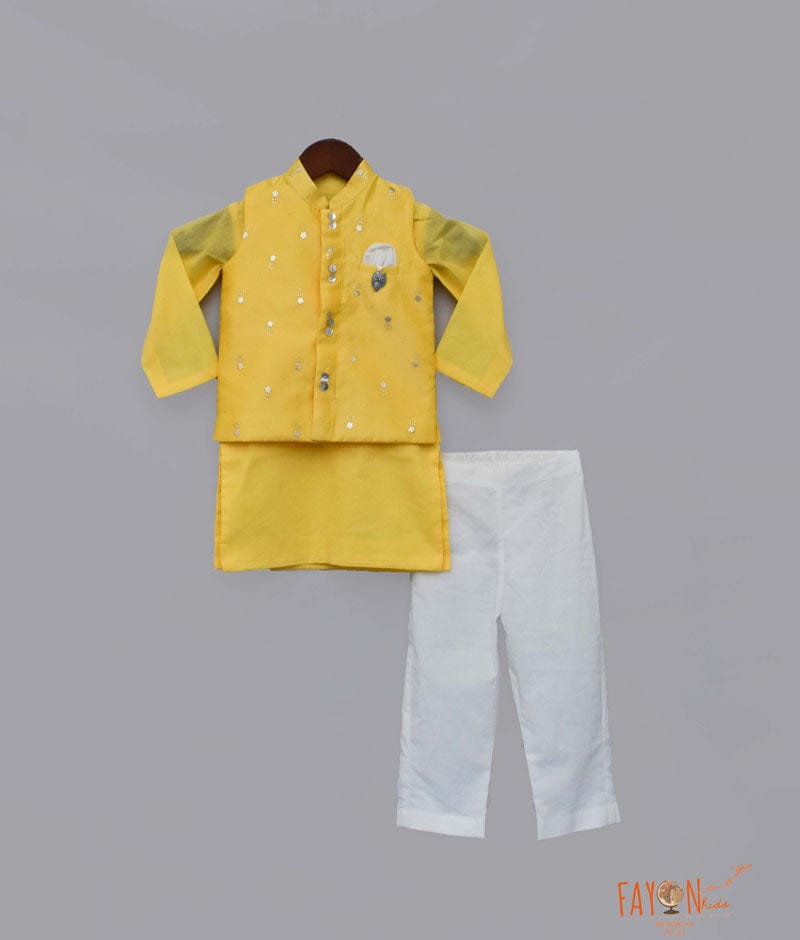 Yellow Chanderi Nehru Jacket with Kurta Pant for Boys