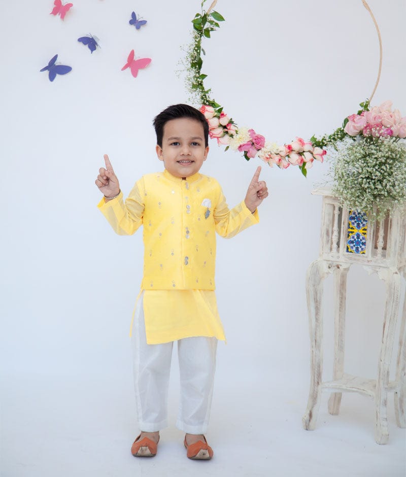 Yellow Chanderi Nehru Jacket with Kurta Pant for Boys