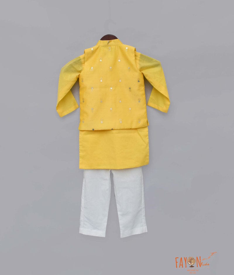 Yellow Chanderi Nehru Jacket with Kurta Pant for Boys