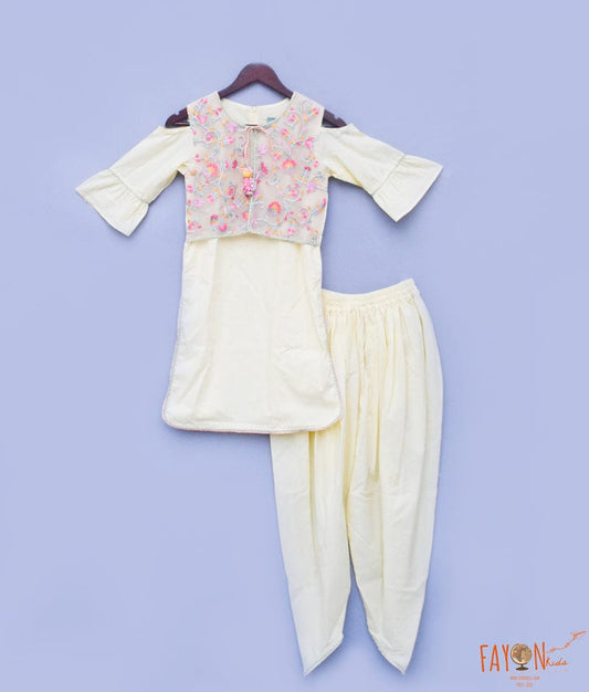 Yellow Cotton Dhoti Set with Embroidery Jacket for Girls