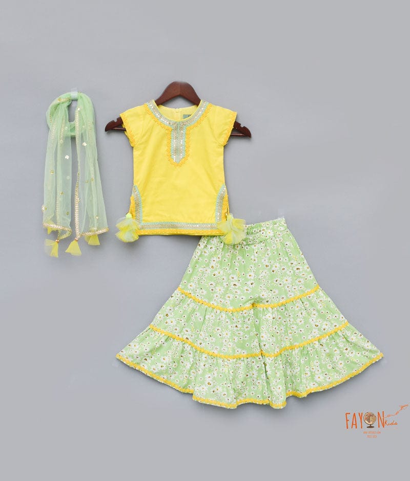 Yellow Cotton Silk Green Printed Sharara with Kurti Boti Net Dupatta for Girls