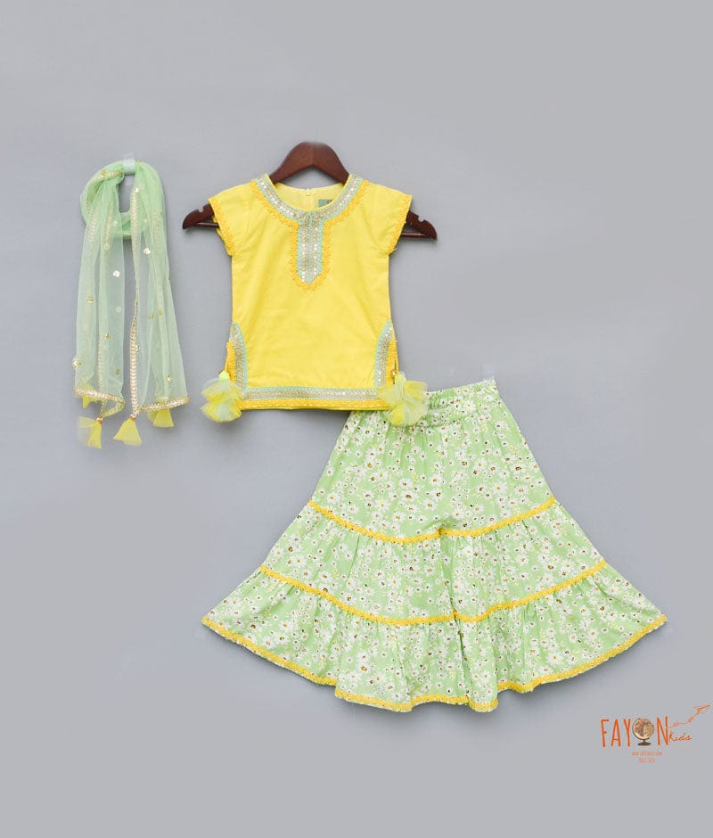 Fayon Kids Yellow Cotton Silk Green Printed Sharara with Kurti Boti Net Dupatta for Girls