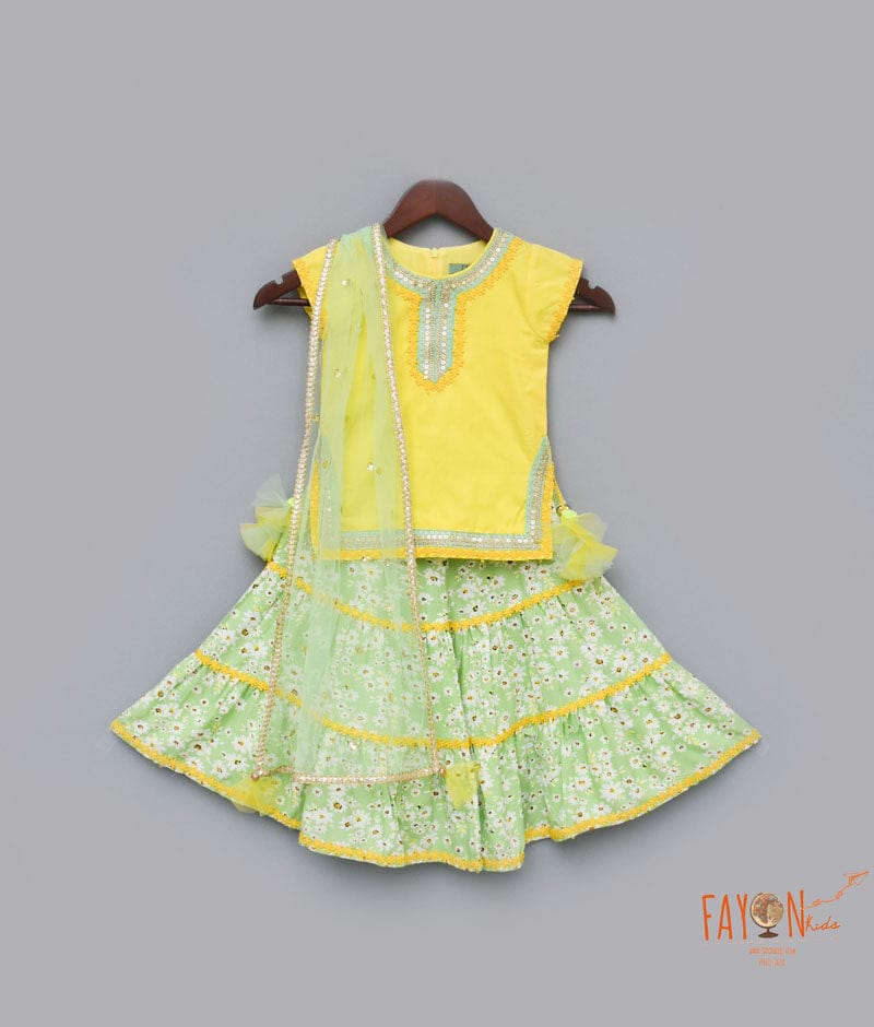 Fayon Kids Yellow Cotton Silk Green Printed Sharara with Kurti Boti Net Dupatta for Girls